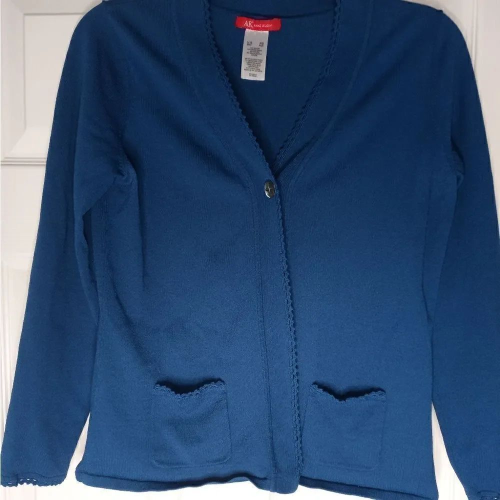 Anne Klein PS Longsleeves Color Ocean 2 Small Pockets 1 Button Women's Cardigan.